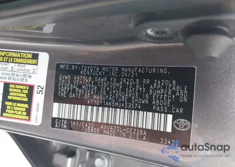 2021 Toyota Camry Se from USA, damaged, VIN 4T1G11AK5MU453574